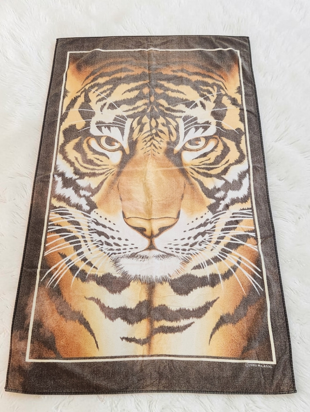 Vintage 90s Hilasal Bengal Tiger Beach Towel 61x36 Inch Cotton Pool  Brown